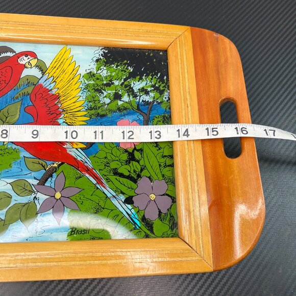 VTG Brazil Wood Glass Serving Tray Hand-Painted Parrot Scene Tropical Iridescent - Picture 9 of 11